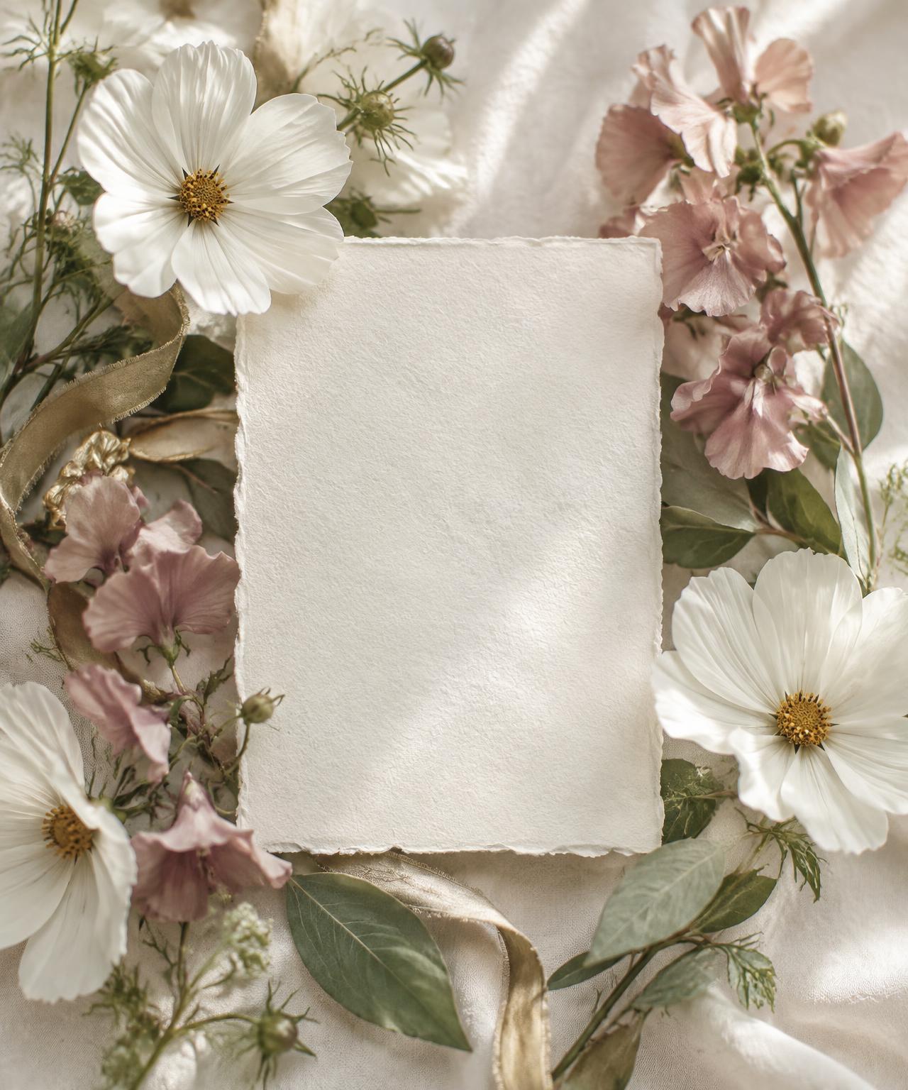 Ivory wedding stationery surrounded by white and blush flowers